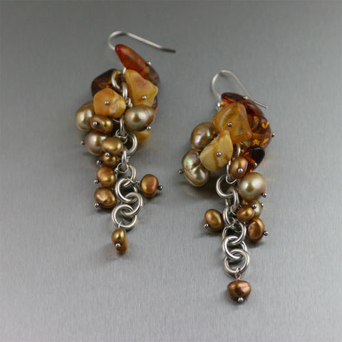 Sterling Silver Amber Chainmail Chandelier Earrings