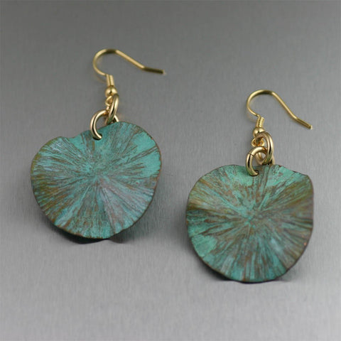 Apple Green Patinated Copper Lily Pad Earrings