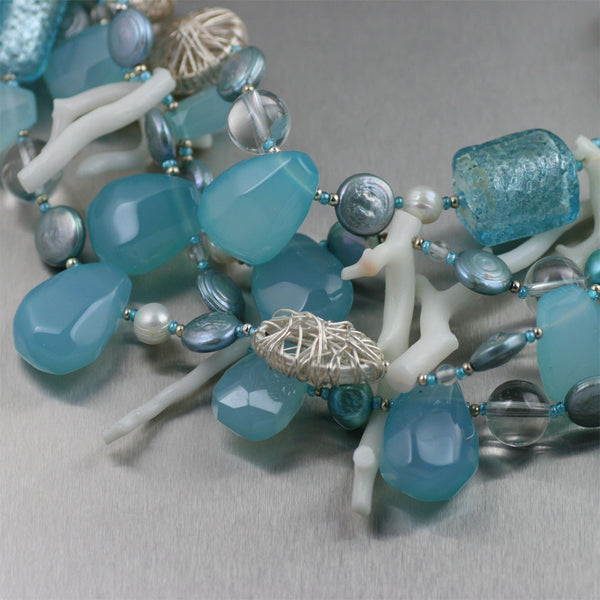 Blue Chalcedony White Coral Necklace - Detail
