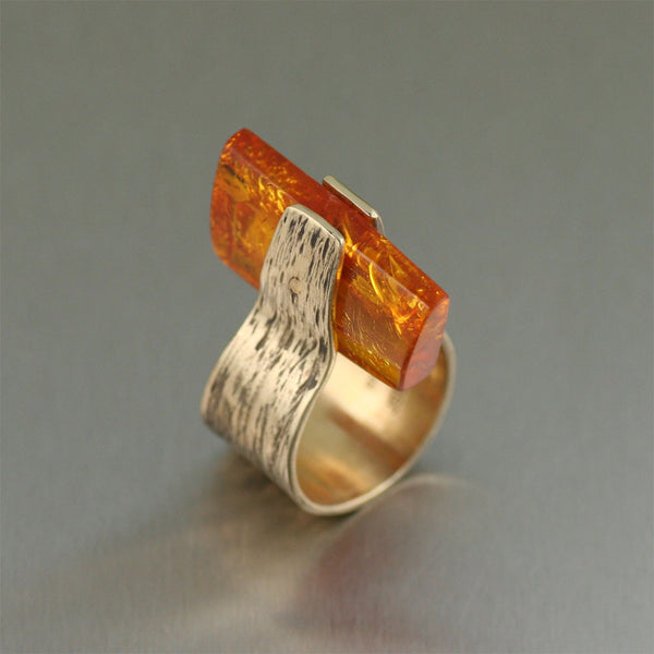 Contemporary Handmade Bronze Ring with Amber by San Francisco jewelry designer John S Brana - Side View