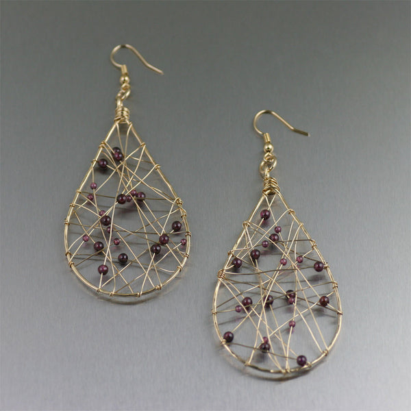 Nu Gold Wire Wrapped Tear Drop Earrings with Garnets