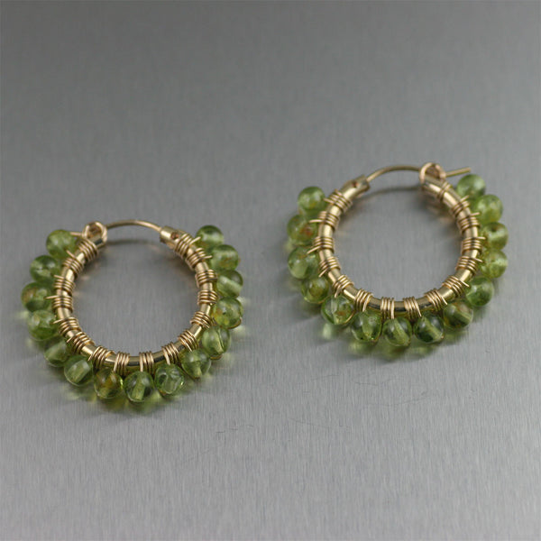 Wire Wrapped 14K Gold-filled Peridot Hoop Earrings