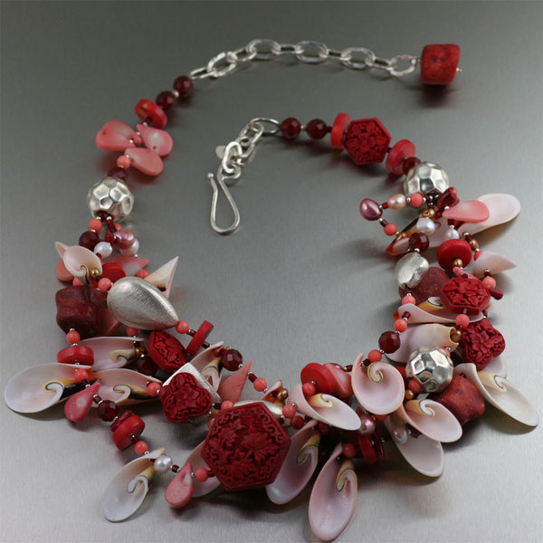 Cinnabar Coral Shell Necklace with Fine Silver and June Birthstones - Freshwater Pearls 