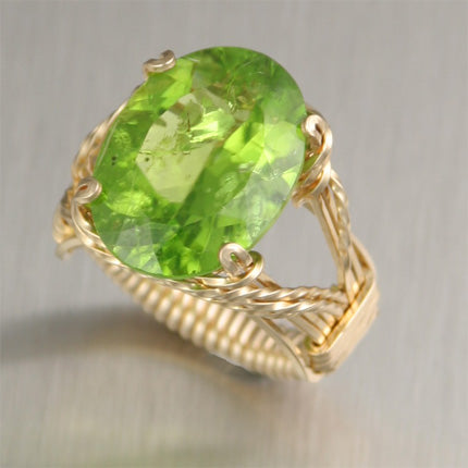 14K Gold Wire Wrapped Peridot Cocktail Ring 