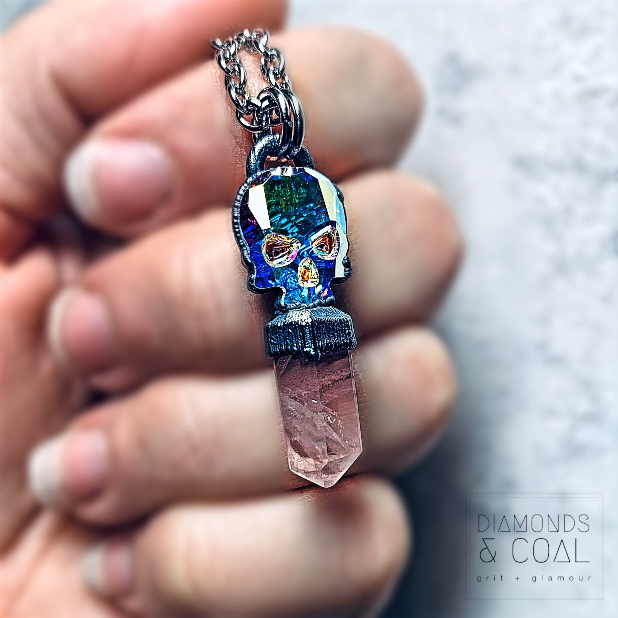 Electroformed Swarovski Skull and Rose Quartz Crystal Point Necklace #2
