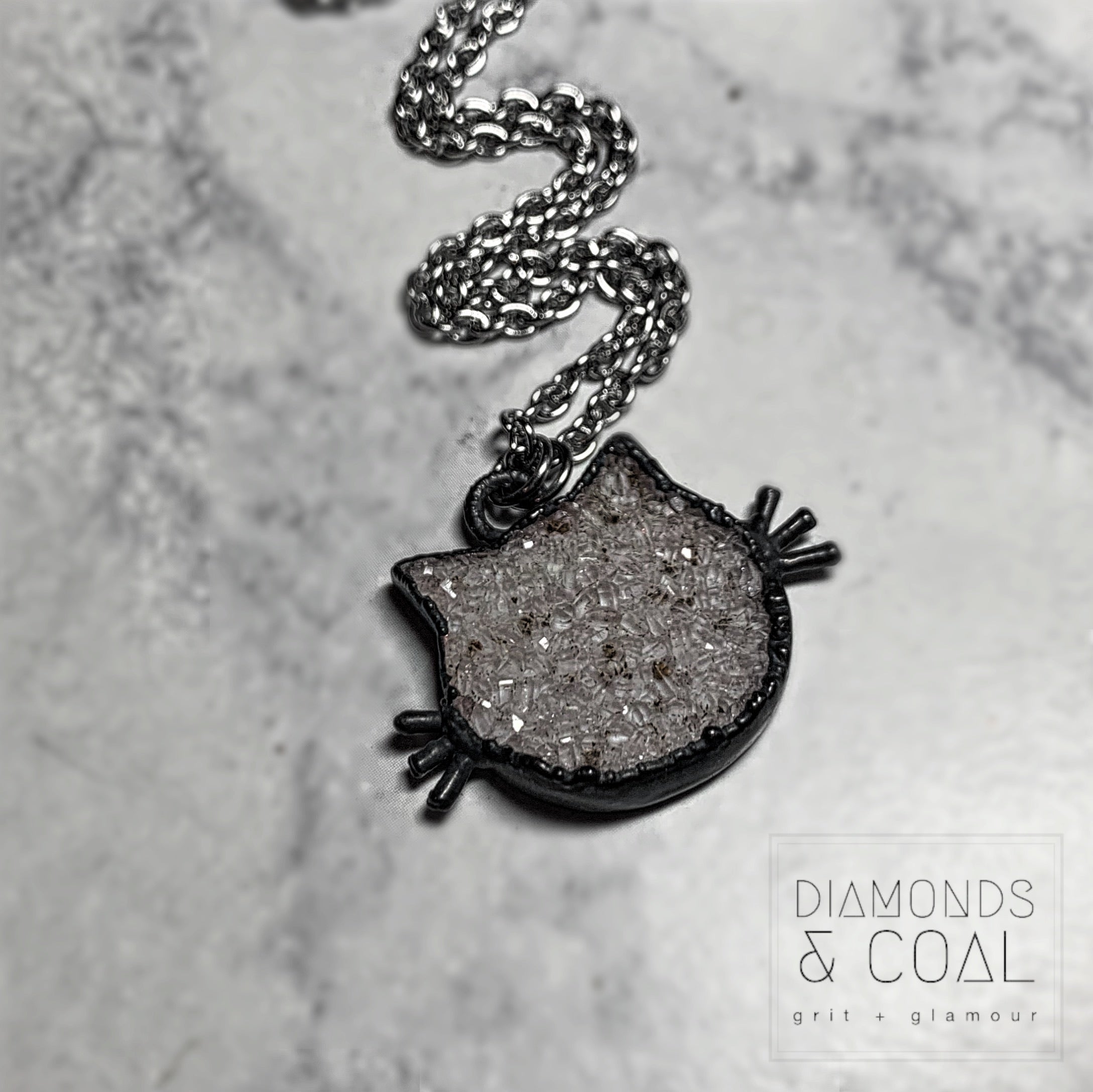 Electroformed Druzy Crystal Cat Head Necklace