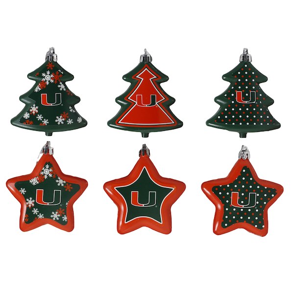 Miami Hurricanes Six-Pack Shatterproof Tree And Star Ornament Set