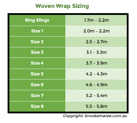 woven wrap size chart