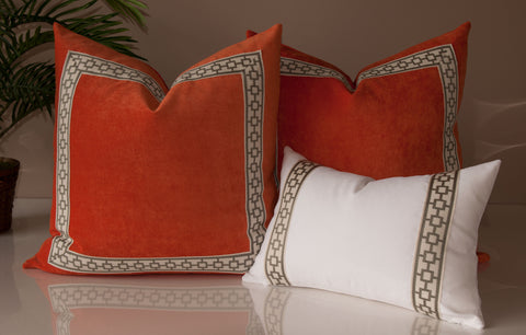 Custom Pillow Order - Orange Pillows - White Pillows - Velvet Pillows with Geometric Trim - Geometric Pattern
