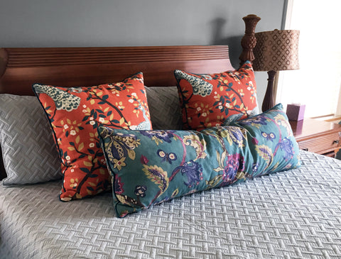 Persimmon Pillows - Peacock Pillows - Floral Pillows in Teal - Orange and Teal