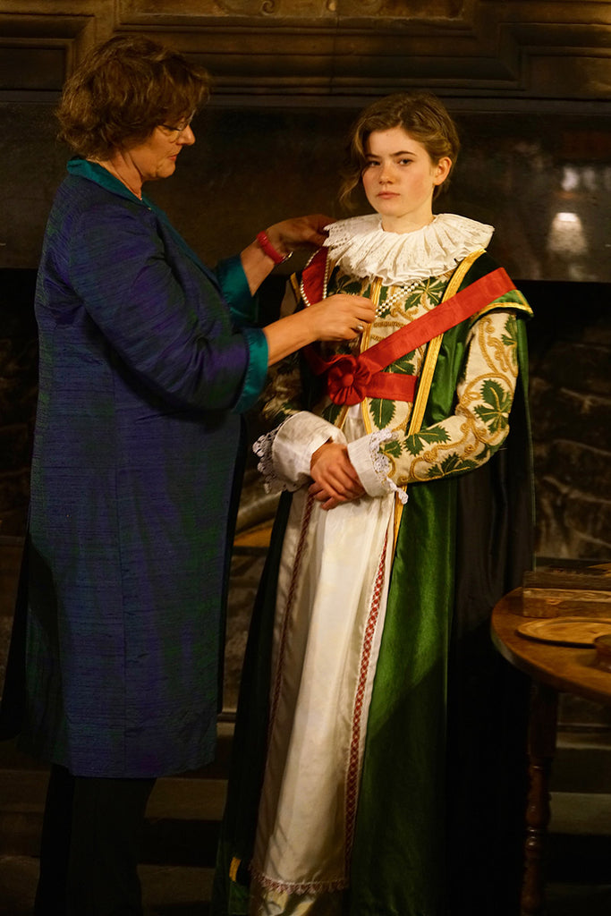 Phillipa adjusting the replica Lady Anne's Costume