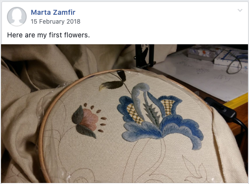 Marta Zamfir's first few stitched on the Glasgow Bedspread
