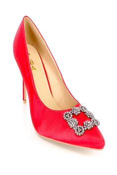 red satin pumps with rhinestones