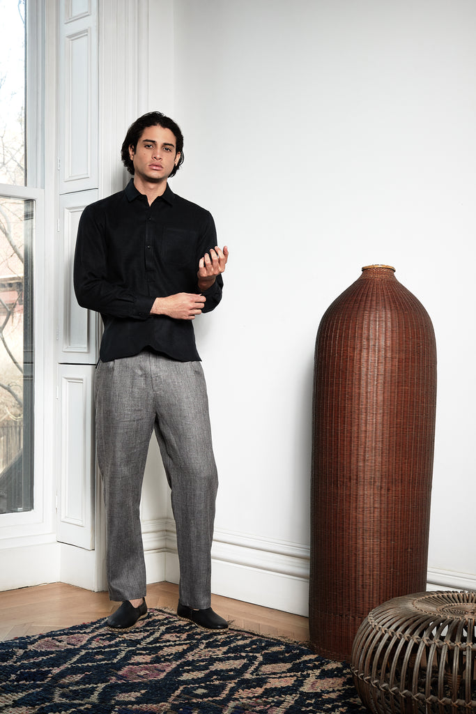 Blluemade AW18 long pant in slate grey wool-linen, French pullover in sumi black wool-line