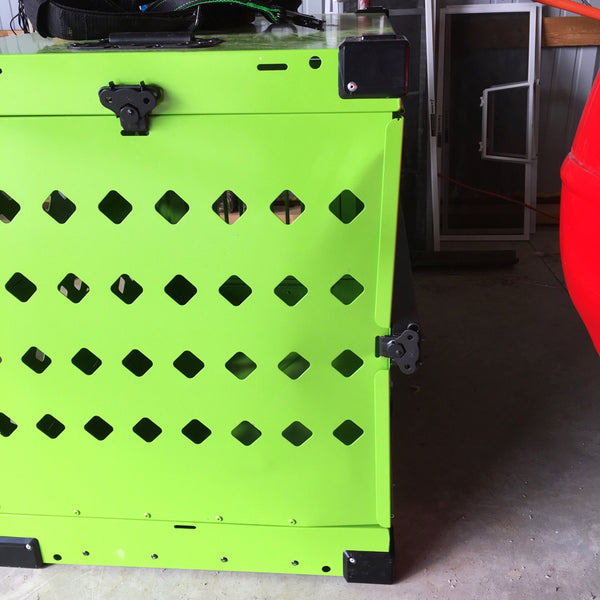 lime green collapsible impact dog crate car crash