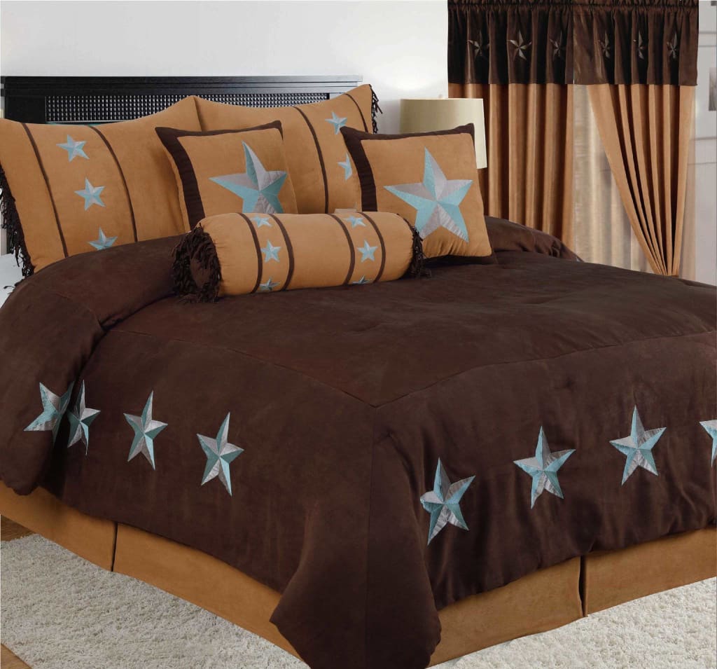 Brown Turquoise western style 7 Pcs embroidery Comforter Set 