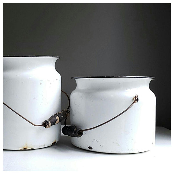 White Enamelware Bucket Pail With Black Trim