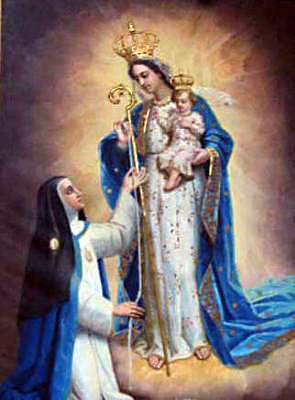 Painting of Mother Marianna measuring the height of the Blessed Mother with her cincture to determine the height of the statue to be made