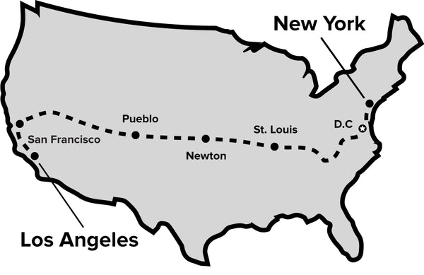 A map showing Chris' cycling journey from New York to Los Angeles