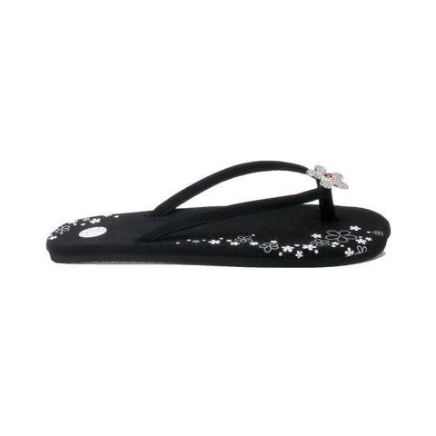 Black Flat Flip Flops Side View Pave Flower