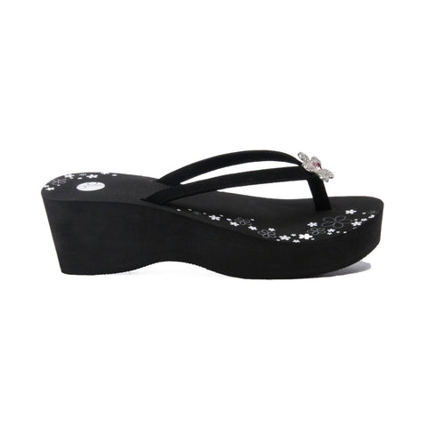 Black Platform Flip Flops Pave Flower Side View