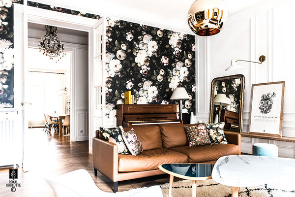 Paris apartment by Royal Roulotte floral wallpaper louis philippe mirror Tom Dixon light