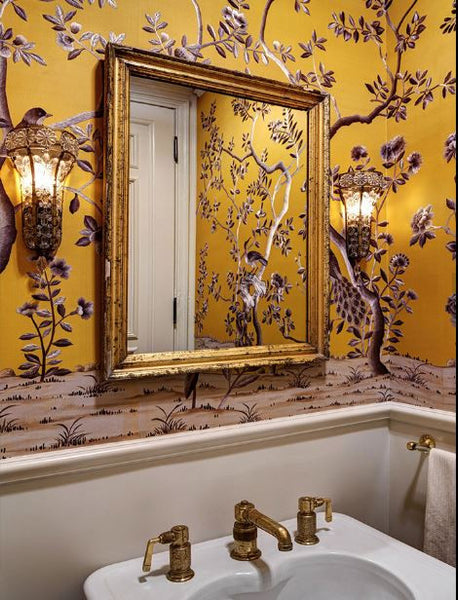 Floral wallpaper antique gilded French mirror Paris apartment Interior design