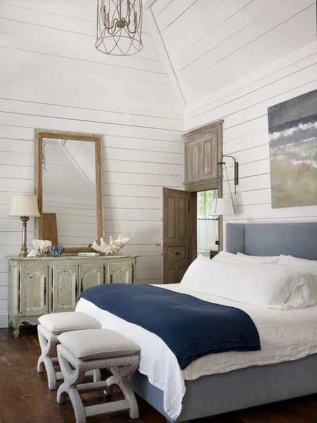 Coastal bedroom beach house blue and white antique mirror