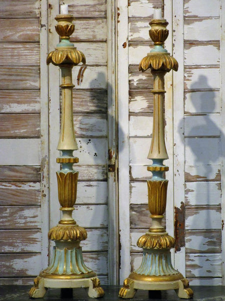 pair of large French candlesticks carved gold blue luxury wedding gift from France