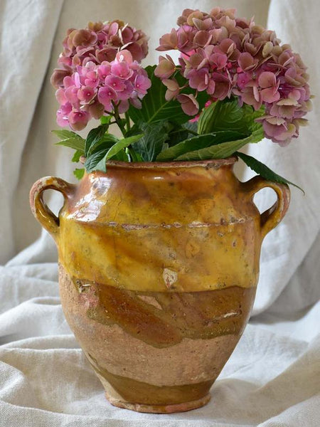 Antique French confit pot with hydrangeas