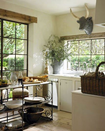 French windows, rustic bulls head and rustic chopping boards