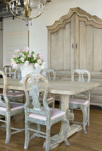 Armoire, lustre, rustic bleached table and chairs