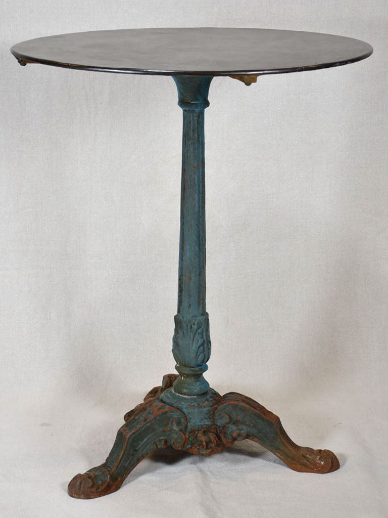 Antique French bistro table with cast iron base timeworn blue