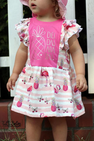 Jersey "Pink Flamingo" und Jersey "Basic Love" genäht wurde eBook - "Sommer Lena" - Top/Shirt/Kleid - Mahalu Design - Nähen für Mädchen - Drehkleid - Rüschen - Rüschenkleid - Kappärmel - Schnitt - Glückpunkt