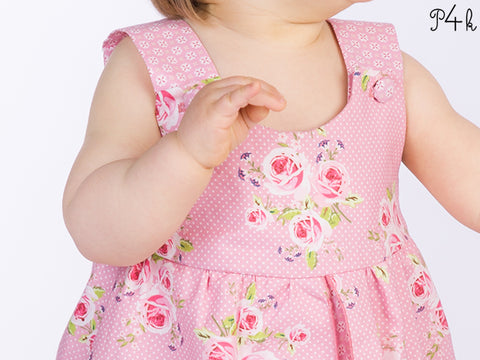 Schnittmuster eBook - Kleid Rosa - Pattern4Kids - Sehr hübsches Babykleid - für Anfänger geeignet  Rosa (B): Kleid mit gefütterten Passe zum Knöpfen und gekräuseltem Überrockteile  Kleid(A): Kleid mit Schleifen aus Futterstoff, Passe an Rückteil - Babykleid - Nähen für Babys/Kinder - Mädchen/Jungen - Drehkleid - Rüschenkleid - Baumwollkleid - Baumwoll-Kleid - Baumwolle - Glückpunkt.