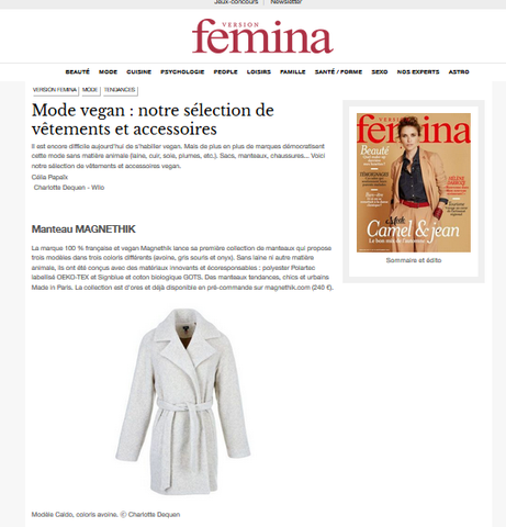 Femina.fr : Mode vegan : la manteau Caldo avoine dans la sélection de vêtements et accessoires
