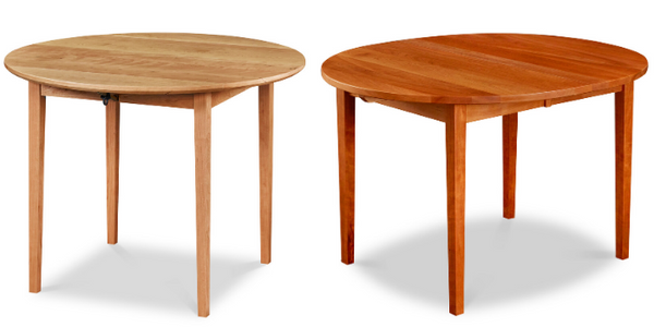 Comparison of newly built cherry table with light color and aged cherry table with dark red color
