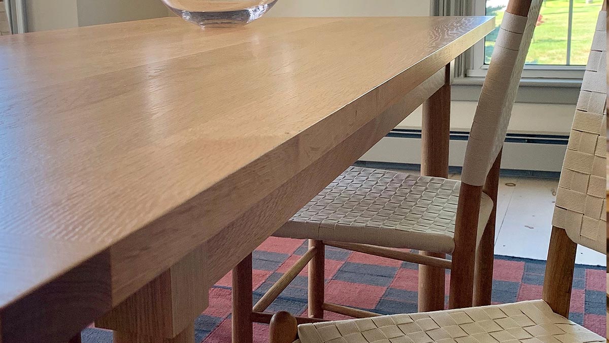 Detail of Chilton's Revelry Dining Table, shown with Tappan Taped Back Chairs.  An example of both Shaker and Scandinavian influences.