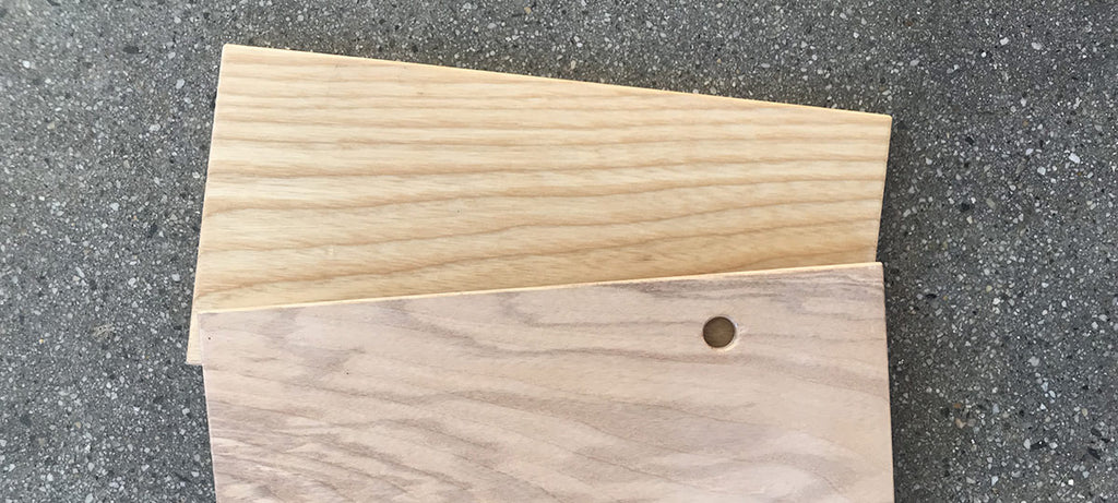 The wax coating coating creates a soft matte appearance on ash wood, compared to the clear, natural look of the lacquer on ash