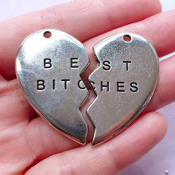 Silver Best Bitches | Heart Message Charms | Best Friend Jewel | MiniatureSweet Kawaii Resin Crafts | Decoden Cabochons Supplies | Jewelry Making