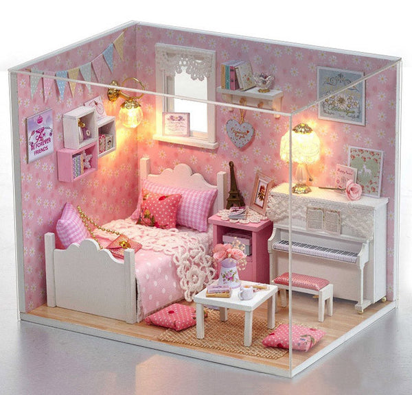 DIY 1/24 Wooden Dollhouse Miniature Kit w Furniture LED Light Starry Bedroom 