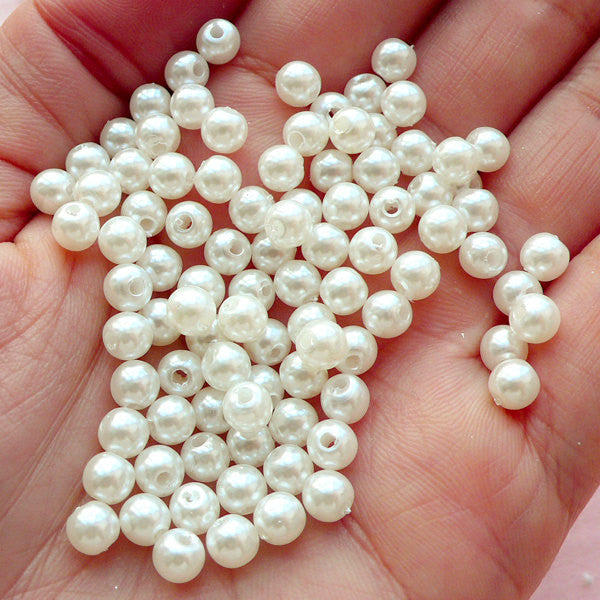 5mm Round Pearl Faux Pearl Fake Pearl Abs Pearl Beads Cream White Around 50pcs With Hole Sewing Decoration Jewelry Making Pes76