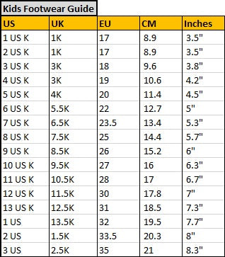 Kids Footwear Size Guide