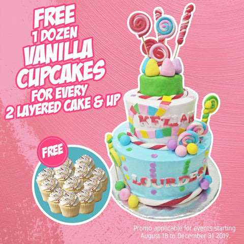 free 1 dozen vanilla cupcakes with every 2 layered cake and up 