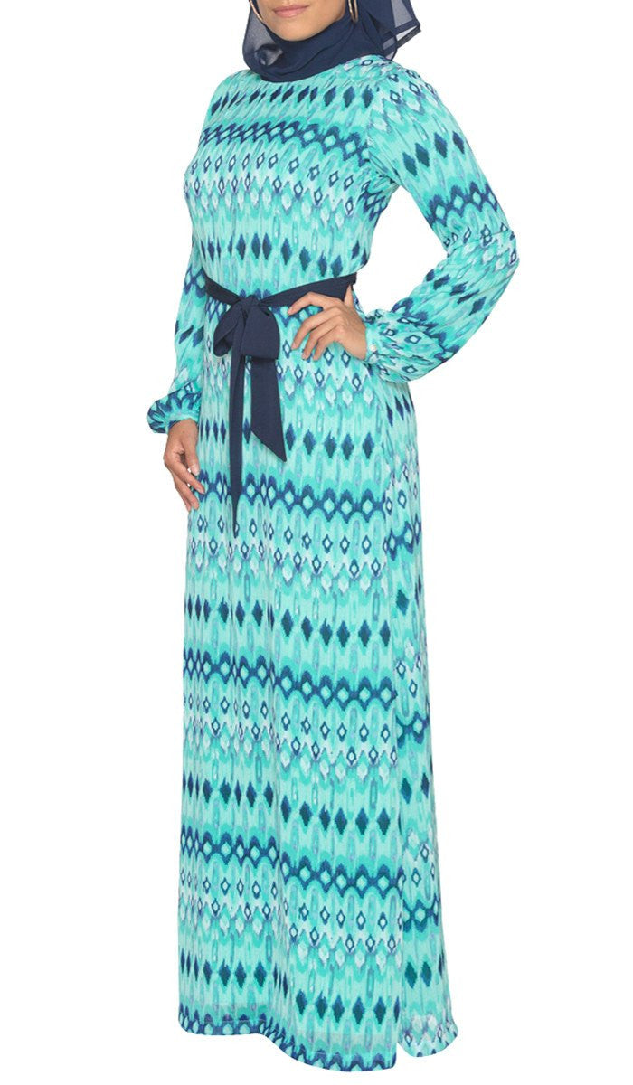 Jayma Printed Chiffon Maxi Dress with Scarf - Aqua/Navy