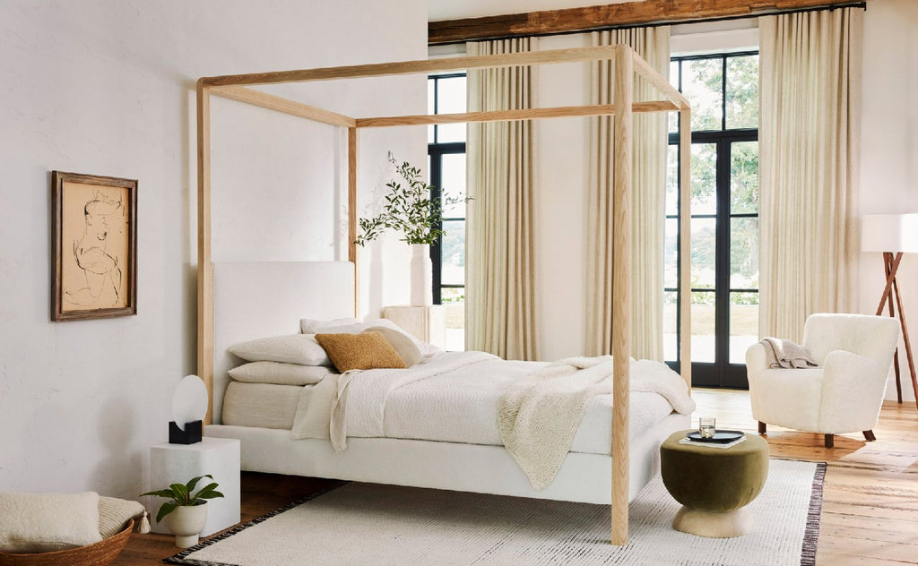 The Thompson Canopy Bed in Polar Performance Bouclé and Natural Ash finish