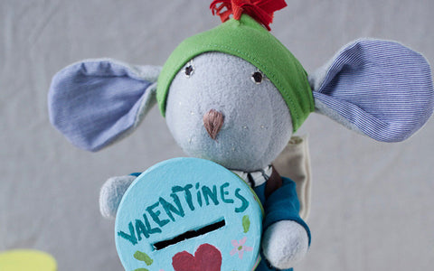 Oliver Mouse with homemade Valentine's delivery box