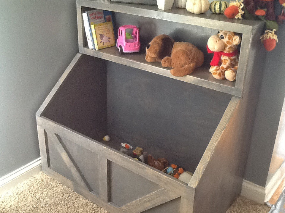 wooden toy shelf with bins