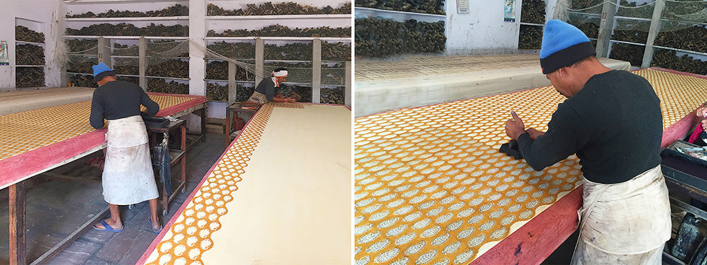 block printing on table - gold - pallu design