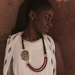 StyleAura - Red and Blue Onyx with Peacock Meenakari Pendant - Model; Omega Mboyo Nsongo Samira